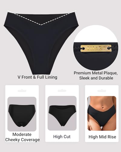 Image of Zmart Women V Cut Cheeky Bikini Bottoms - Mid Waist High Cut Swim Bathing Suit Bottoms V Front Swimsuit