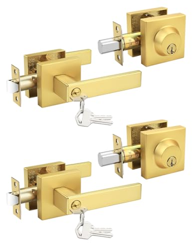 Tinewa Brushed Gold Keyed Alike Front/Exterior Door Lever with Single Cylinder Deadbolt, Satin Brass Entry Door Knob Lock Set Combo Sets, for Entrance/Front and Office Doors,2 Pack