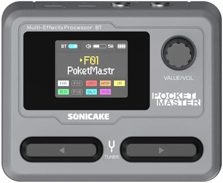 SONICAKE QME-10GY Pocket Master-Multi Effects Guitar Pedal with 9 Effects Modules 100 Drum Rhythms and Looper 100 Presets 20 Amp/Cab Electric Guitar Effects Processor OTG USB Audio Interface BT
