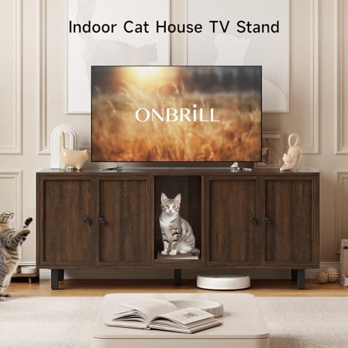 Image of ONBRILL 59 Inches Cat Litter Box Enclosure for 2 Cats, Hidden Litter Boxes Furniture with Cat Scratch Pad, Large Indoor Pet House with Double Room, Wooden TV Stand Side Table, Brown