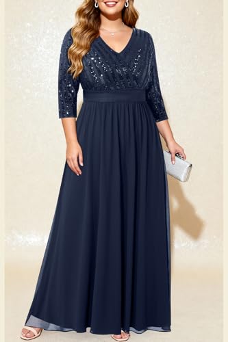 Image of Womens Plus Size Formal Dresses - V Neck 3 /4 Sleeve Sequin Prom Evening Gowns Long Maxi Dres