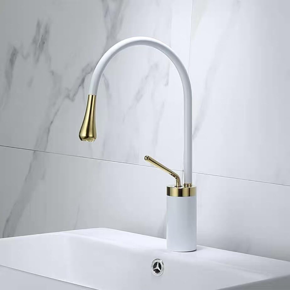 Grifo de lavabo blanco giratorio de latón para agua fría y caliente modelo bajo de un solo mango