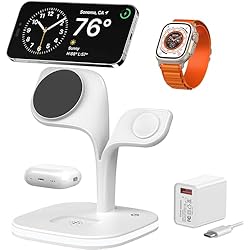 Cargador Wireless Duo-Watch Compatible con Magsafe, Cargador inalámbrico rápido 5 en 1 para iPhone Serie 12/13/14/15, Apple Watch 9/8/7/6/5/4/3/2/SE y AirPods 3/2/Pro con luz controlable (Blanco)