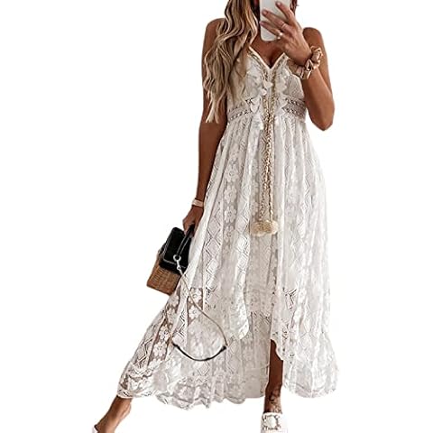 CUPSHE Women's Summer Slip Boho Maxi Dress Lace Up Tassel V-Neck Flare Ruffle Beach Dresses White L Cover