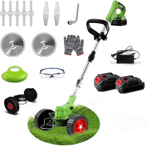 Cordless Garden Strimmers Electric Cordless 21v Grass Strimmer with 2 X 2000mAh Battery Adjustable Metal Blades Garden Trimmer Telescopic Lightweight with Roller for Gardens Park Lawns