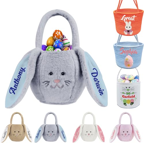 Xsersao Panier de Pâques personnalisé en Peluche avec Lapin Sac de Pâques personnalisé Panier de Pâques personnalisé avec nom avec Oreilles pour la Chasse aux œufs de Pâques