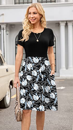 Image of DB MOON Women Summer Casual Short Sleeve Dresses Empire Waist Dress with Pockets