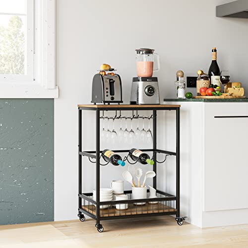 Hithos Industrial Bar Carts For The Home, Mobile Bar Serving Cart, Wine Cart On Wheels, Beverage Cart With Wine Rack And Glass Holder, Rolling Drink Trolley For Living Room, Kitchen, Rustic Brown #TOP2