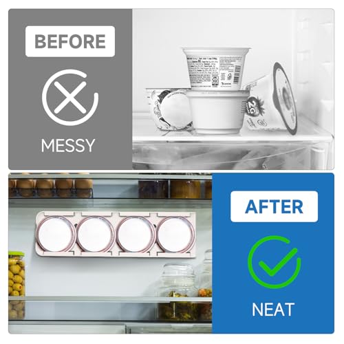 Sophico Yogurt Organizer for Fridge, 4 Capacity Yogurt Sliders for Refrigerator, Yogurt Holder with Adhesive Tapes for 3.75 Inch In Diameter Yogurt, Greek and Vegan Yogurt (White,2 Pack)