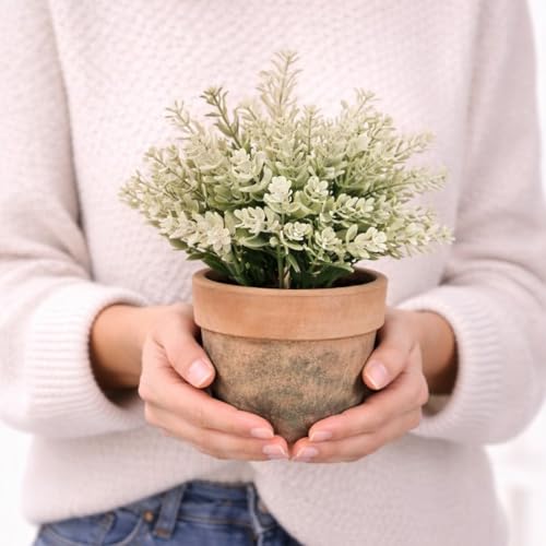 Image of Garden Art Artificial Lavender Plant in Rustic Pot - Realistic Faux Lavender Flowers for Home Decor, Office Desk, Tabletop, Farmhouse & Modern Decorationt (P-093White)