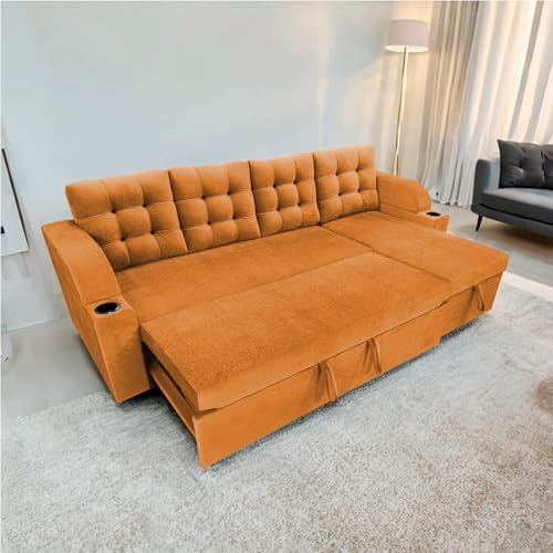 Image of Casaliving Grance RHS 6 Seater Corner Sofa Cum Bed for Living Room with Storage (Orange Fabric) Premium Fabric Sofa Cum Bed