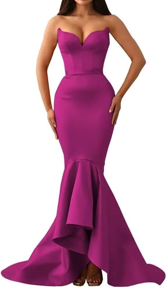Sweetheart Satin Mermaid Strapless Party Prom Dress for Women, Sleeveless Long Evening Bridesmaid Dress