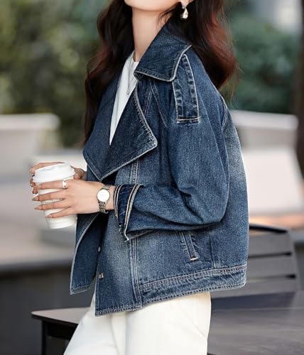 chouyatou Women's Casual Denim Blazer Notched Collar Jean Jacket Button Down Cropped Short Trench Coat4