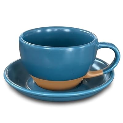Mora Ceramic Latte Art Mug With Saucer - 10.5 oz, Round Bottom For Perfect Pours - Cafe Cups for Cappuccino, Espresso, Coffee, Tea etc - Porcelain Set for Baristas, Great Gift - Azure Blue