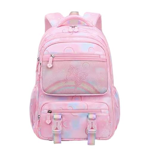 School Bags for Girls 8-10 Backpack with Cute Butterfly Rainbow Shoulders Bag Grades 1-3 to 6 Elementary School for Girls (Pink L)