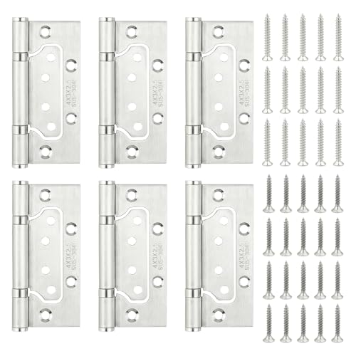Image of JJWNMLL Door Hinges Stainless Steel 6pcs, Heavy Duty Flush Mount Hinges Sliver-100 * 36mm(4 inch), No Noise Ball Bearing Flush Hinge with Screws for Home Cabinet Doors, Internal Door