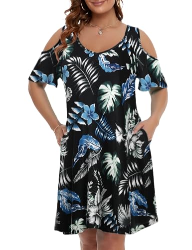 Image of JollieLovin Womens Plus Size Short Sleeve Cold Shoulder V Neck T-Shirt Dress with Pockets