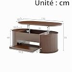 Merax Table basse élévable 110x55,5x40 cm, hauteur réglable avec côtés en bois incurvés, étagère extensible, meuble de salon multifonctionnel, espace de rangement pour collations, livres, électronique