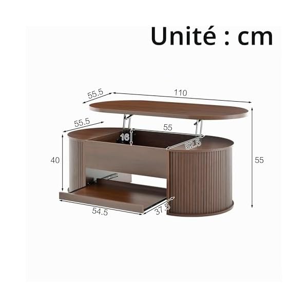 Merax Table basse élévable 110x55,5x40 cm, hauteur réglable avec côtés en bois incurvés, étagère extensible, meuble de salon multifonctionnel, espace de rangement pour collations, livres, électronique