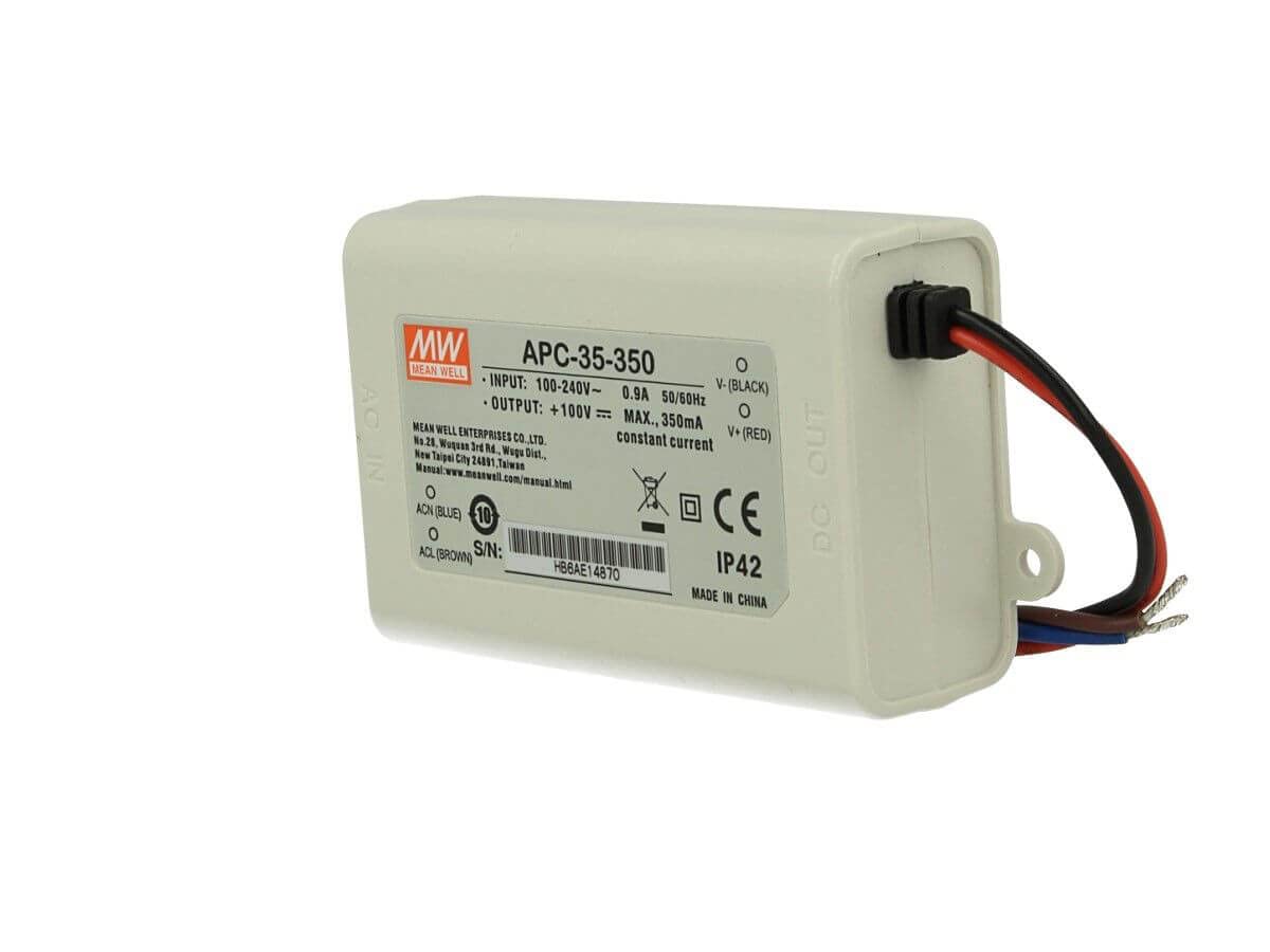 Mean WELL, Switching Power Supply, convertisseur pour la lumière de bande flexible LED, transformateur, AC 110/220 V DC Switching Power Supply 35 W 28-100 V 350 mA (APC-35-350)