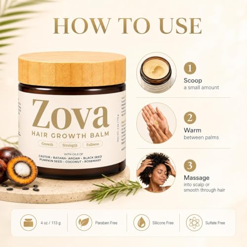 Image of Zova Hair Growth Balm with Batana, Castor, Argan & Rosemary Oil | 7 Oil Blend | Deep Scalp Nourishing & Moisturizing Hair Treatment | Supports Thicker, Stronger & Healthier Looking Hair | For Men & Women 100gm
