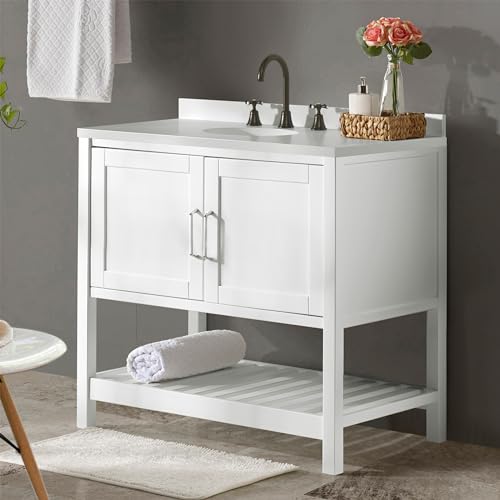 Image of Alaterre Furniture Bennet Bathroom Vanity Cabinet with Soft-Close Shaker Doors and Open Shelf - 36-Inch Freestanding Wood Vanity Without Sink - Single Sink Base (White)