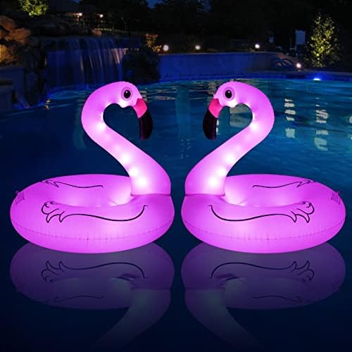 2PCS Inflatable Flamingo Pool Floats with Lights, FlyfreeU Solar Powered Flamingo Swim Tube Rings, 42'' Lake Beach Floaties Swimming Rings Summer Pool Raft Lounger for Adults Water Party Supplies.