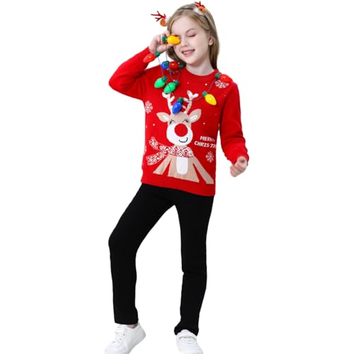 Image of Light Up Ugly Christmas Sweater Kids Girls Boys Snowman Reindeer Xmas Holiday LED Pullover Sweater 2-9 Yeas Old