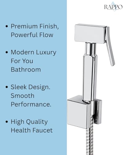 Image of RAPPO Solid Brass Health Faucet with Flexible Hose and Wall Hook Chrome Finish Handheld Jet Spray for Toilet Bathroom Accessory Durable Easy Install Utility Set (new Square with Hose and Hook)