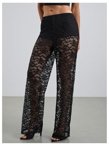Women's Y2K Floral Lace See Through Pants Sheer Straight Leg Long Pants Club Wear4