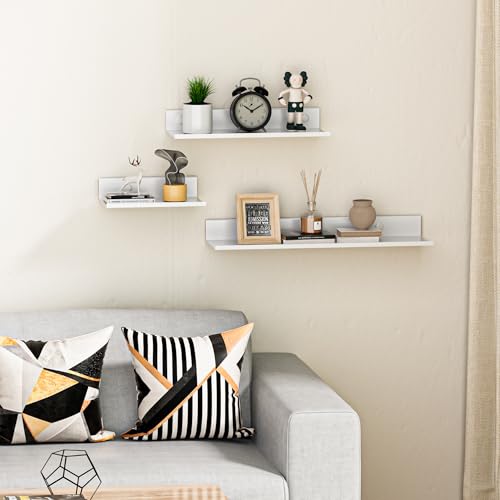 Wisfame Wandregal Ohne Bohren Weiß 40cm Metall Schweberegal 2er Set, Badezimmer Kleberegal Wand Küche, Modern Dekos Wandboard für Wohnzimmer, Schlafzimmer, Arbeitszimmer