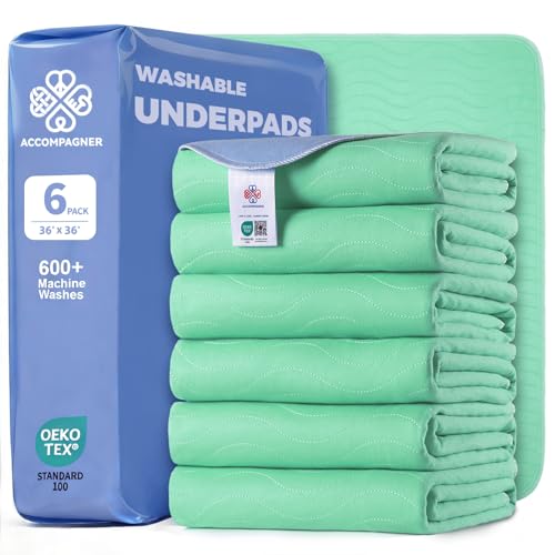 Image of Accompagner Incontinence Bed Pads Washable Waterproof, Ultra-Absorbent Reusable Underpads for Diaper Changing, Nursing, Bedridden, Adults, Seniors, Kids and Dogs (Green, 36 inchx36 inch(Pack of 6))