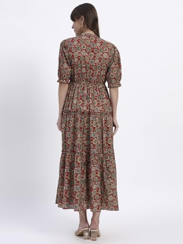 Image of Women's Fit and Flare Dress I Pure Cotton Long Summer Maxi Dress I V-Neck I Casual Wear I Printed Kalamkari Floral Middi