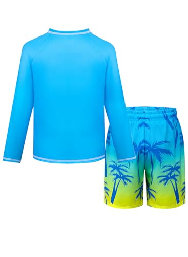 Image of Boys Two Piece Rash Guard Swim Set Toddler Kids Long Sleeve Bathing Suit Swimwear Shirt with Trunks Quick Dry 5-12Y