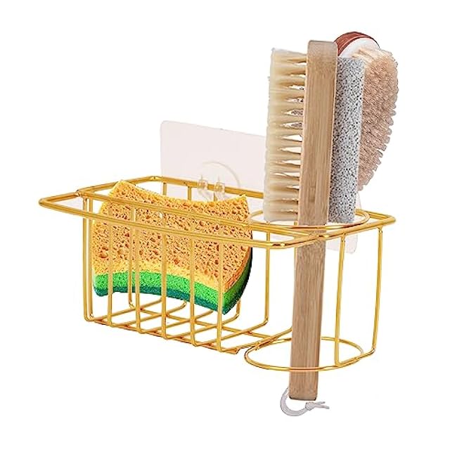 3-in-1 Adhesive Sink Caddy Kitchen Sink Organizer,Stainless Steel Sponge and Brush Holder for Kitchen Sink,Suitable for Sponges,Dish Cloth,Scrubbers, Soap, Kitchen, Bathroom.Gold