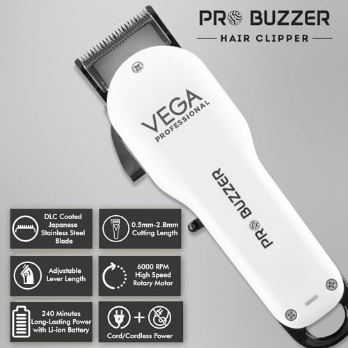 Image of VEGA PROFESSIONAL Men Pro Buzzer Professional Hair Clipper, 240 Mins Runtime & Dlc Coated Japanese Stainless Steel Fade Blades, (Vpmhc-08), Battery Powered