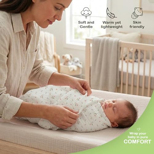 Image of Organic Muslin Baby Blanket 2-Pack Blush & Ivory Floral, 47 x 47 Inch, 100% Organic Cotton Oeko-TEX Certified Hypoallergenic Swaddle Blanket for Newborn Boy, Baby Boy Shower Gift
