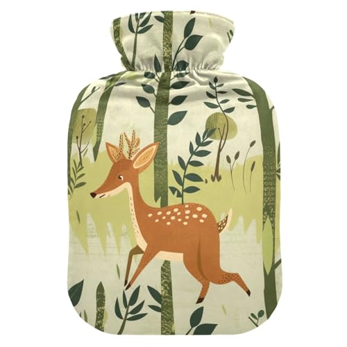 YNNALE Retro Forest Deer Green Tree Deers Hot Water Bottle with Cover, 2Liter Soft Velvet Winter Warm Water Bag for Neck and Shoulder Pain Relief Period Cramps Bed Hand Feet Warmer