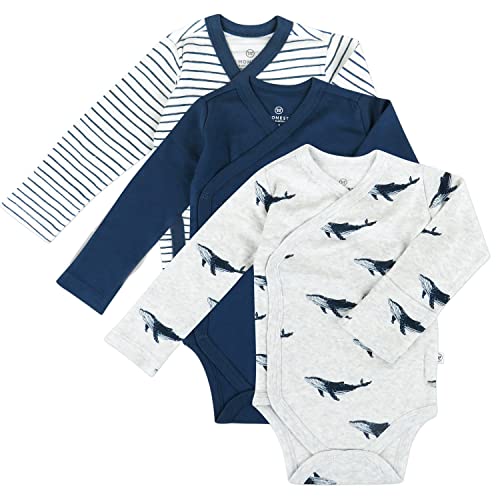 Image of HonestBaby Baby 3-pack Long Sleeve Side-snap Kimono Bodysuits Organic Cotton for Infant Baby Boys, Girls, Unisex