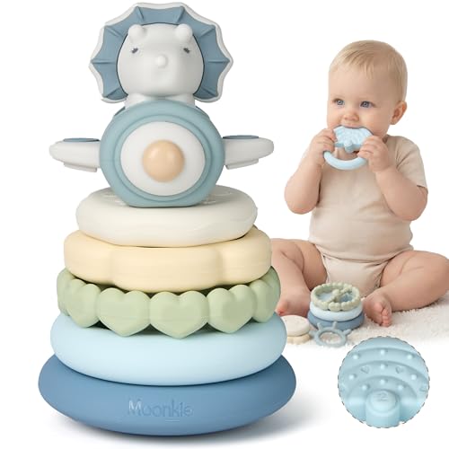 Moonkie Dinosaure Tour Empilable Bebe, Jeux Eveil Silicone, Anneau Dentition Bebe, Jouet Montessori Eveil, Anneaux Empilables Bébés, Cadeau pour Garçons 6 Mois+, Ensemble de 7 Pièces
