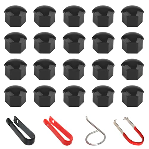 Xynovate 17mm Capuchon d'écrou de Roue 20 PCS, Haute Qualité Boulon Ecrou Couvre, Cache-écrous de Pneu Hexagonaux avec Ensemble d'outils de Démontage pour Voitures (Noir)