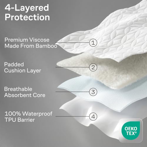 Image of 100% Waterproof Noiseless & Cooling Mattress Protector - Twin Size - White | Viscose Made from Bamboo, 360 Protection Against Spills, Stains, & Accidents, 20 inch Deep Pocket, For Parents & Pet Owners