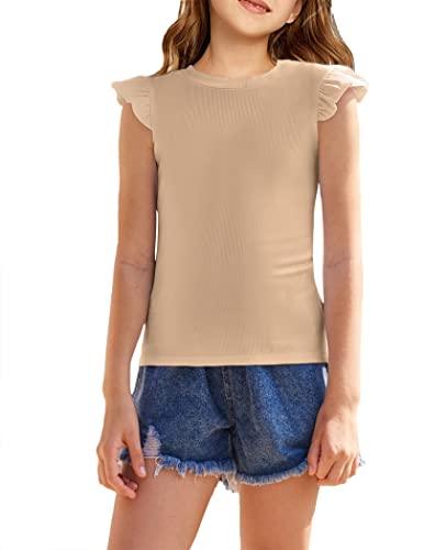 Flypigs Girls Casual Round Neck Blouse Tops Ruffles Solid Sleeveless Summer Casual Ribbed Knit Tanks Blouses Beige 11-12 Years #TOP22