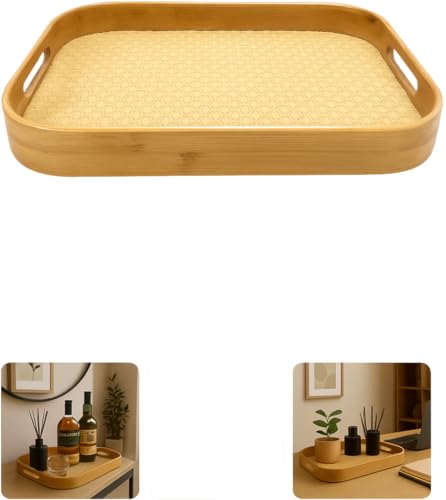 Bandeja de Servir, Bandeja de Decoração, Organizador Redondo (Bambu e Palhinha - Ovalada, 40x28x5)