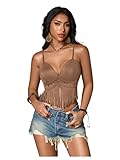 OYOANGLE Women's Y2K Fringe Sleeveless Spaghetti Strap Faux Suede Vintage Hippie Crop Top Blouse Coffee Brown Small