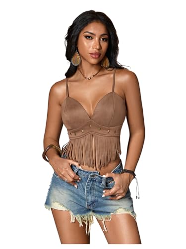 OYOANGLE Women's Y2K Fringe Sleeveless Spaghetti Strap Faux Suede Vintage Hippie Crop Top Blouse Coffee Brown Small