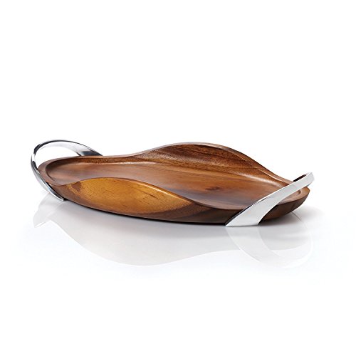 nambe Bella Wood Handled Tray | Large Wooden Serving Tray with Handles for Dinner, Appetizers, and Snacks | Made of Metal Alloy and Acacia Wood | 18 Inch Bread Board | Designed by Steve Cozzolino