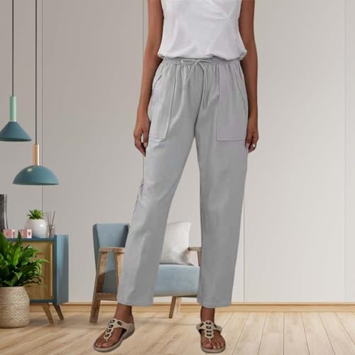 Womens Linen Trousers with Pockets Summer Elastic Waist Drawstring Straight Leg Lightweight Loose Long Pants2