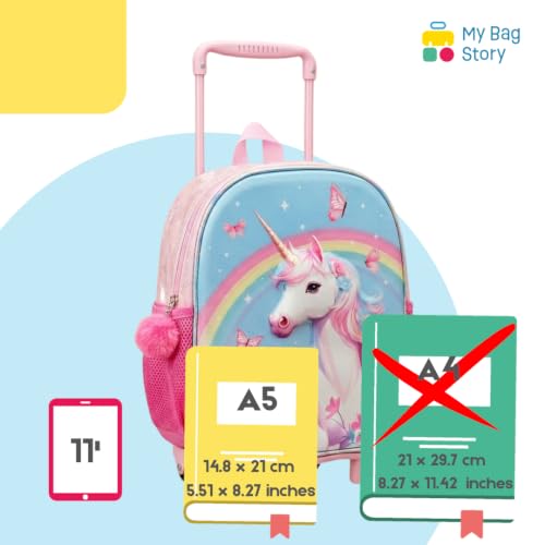 mybagstory | Torba na kółkach 3D | Wzór jednorożca | 33x10x27 cm | Mały różowy plecak na kółkach do przedszkola. Piękny wzór z wytłoczonym jednorożcem zachwyci Twoją małą dziewczynkę.