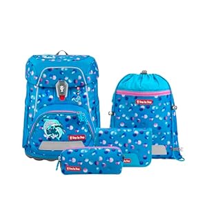 Step by Step Schulranzen-Set FIT „Dolphin Finja“ 5-teilig, blau, Delfin-Design, ergonomischer Tornister mit Reflektoren, höhenverstellbar mit Hüftgurt für Mädchen ab der 1. Klasse, 19L